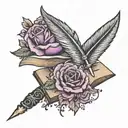 Feather pen with open book and roses in purple, black, and gray tattoo design idea