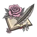 Feather pen with open book and roses in purple, black, and gray tattoo design idea