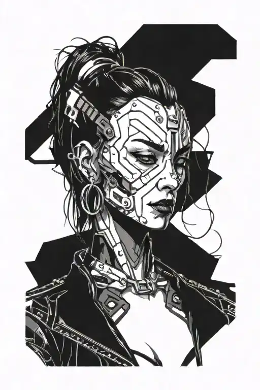 cyberpunk girl shadows grabbing jaw tattoo design idea