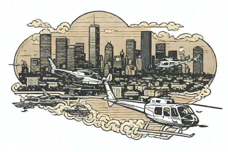 Houston Skyline at night with helicopter looking for someone tattoo design idea