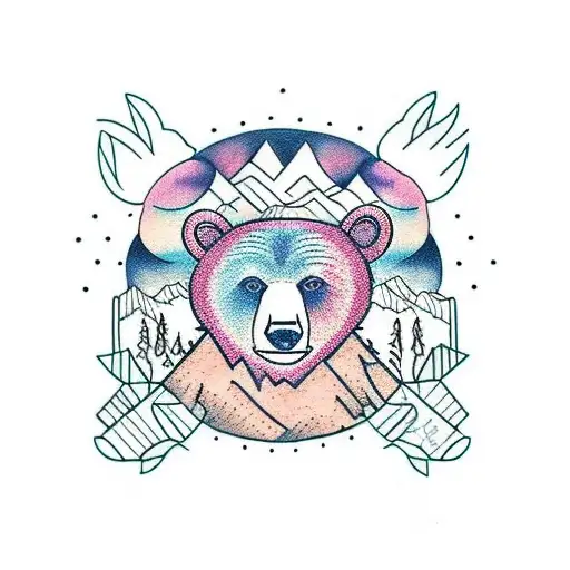 a bear made from mountain and forest with birds above tattoo design idea