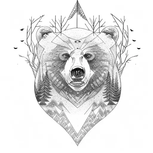 a bear made from mountain and forest with birds above tattoo design idea