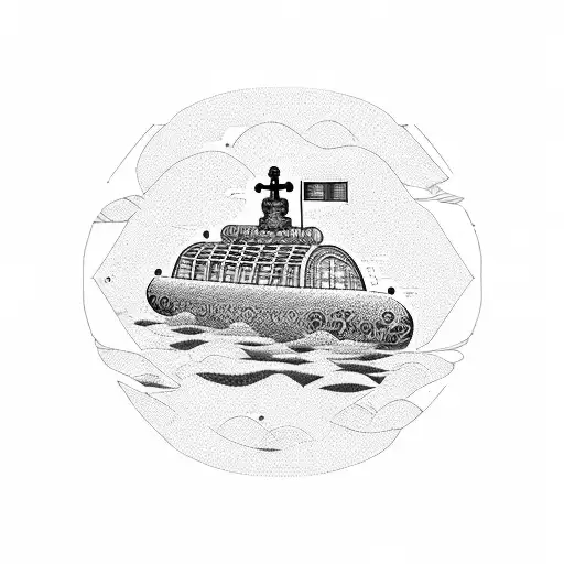 A dotwork design of the Yellow Submarine sailing through an ancient Greek mosaic tattoo design idea
