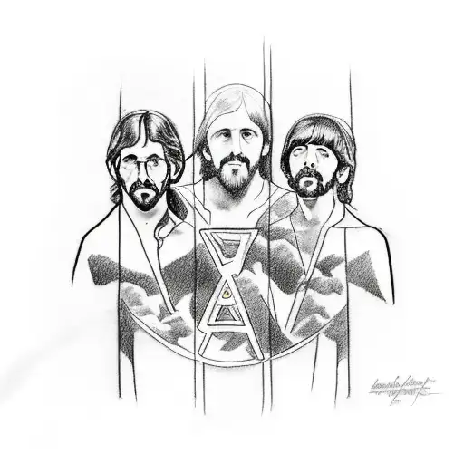 A sketch-style tattoo of the Beatles sitting on Mount Olympus with Zeus and other Greek gods tattoo design idea