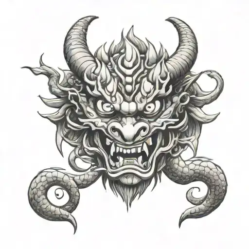 dragon and oni mask tattoo design idea