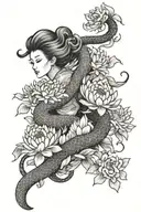 full woman arm sleeve tattoo, traditional Japanese style with chrysanthemums and large snake wrap. thin line shading tattoo design idea