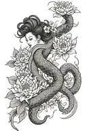 full woman arm sleeve tattoo, traditional Japanese style with chrysanthemums and large snake wrap. thin line shading tattoo design idea
