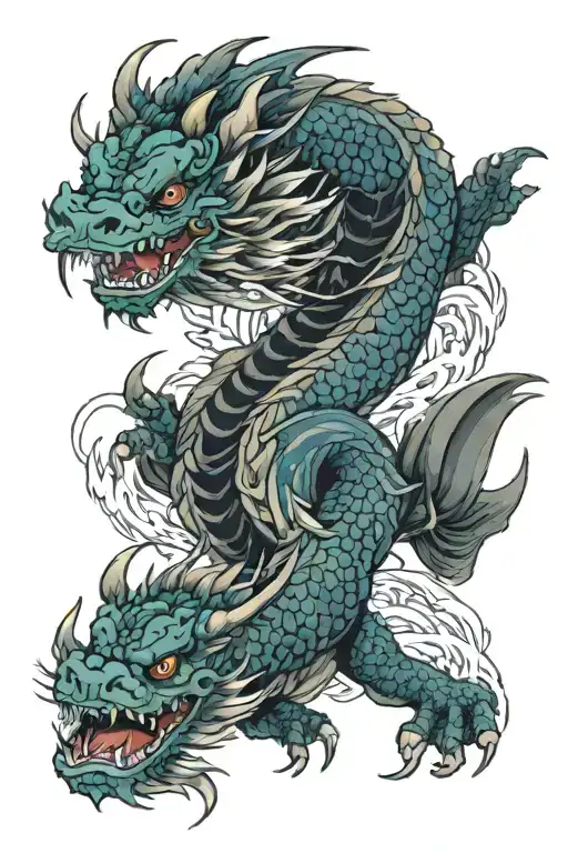 i want you to create a irezumi stytle tattoo, with a ryu dragon, koi fish, tora tiger, karashishi, houou phoenix, with f tattoo design idea