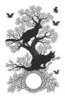oak tree, black cat, white rabbit, full moon, warratah flower tattoo design idea