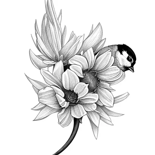 chickadee with daffodil and chrysanthemum tattoo design idea