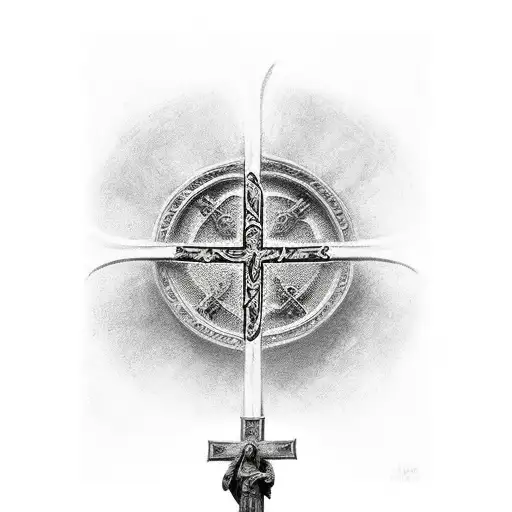 medieval shiel surrounding a cross that was formed with the words three warriors tattoo design idea