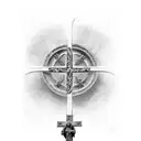 medieval shiel surrounding a cross that was formed with the words three warriors tattoo design idea
