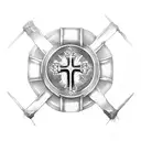 medieval shiel surrounding a cross that was formed with the words three warriors tattoo design idea