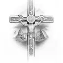 medieval shiel surrounding a cross that was formed with the words three warriors tattoo design idea
