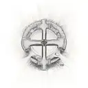 medieval shiel surrounding a cross that was formed with the words three warriors tattoo design idea