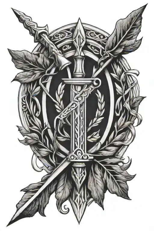Spear over anvil in laurel wreath tattoo design idea