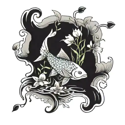 creek flowing water flowers and one fish  tattoo design idea