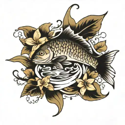 water creek flowing flowers and one fish  tattoo design idea