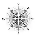 A compass embedded in a cross surrounded by mountain peaks tattoo design idea