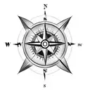 A compass embedded in a cross surrounded by mountain peaks tattoo design idea