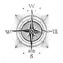 A compass embedded in a cross surrounded by mountain peaks tattoo design idea