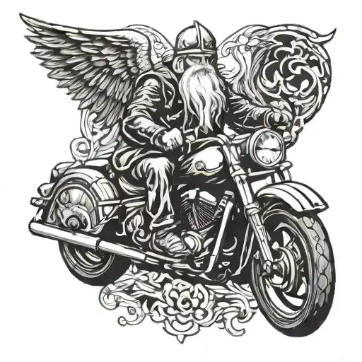 Odin riding a motorcycle towards viewer tattoo design idea