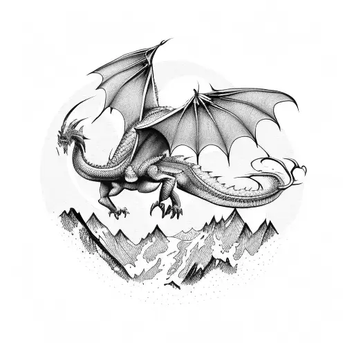 A majestic dragon soaring over a mountain range tattoo design idea