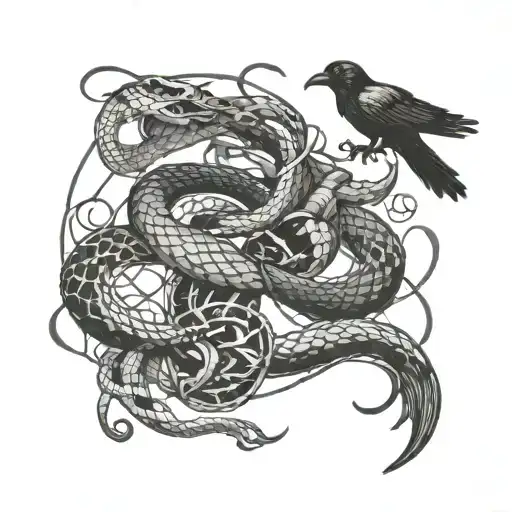 snake and a crow fighting demons tattoo design idea
