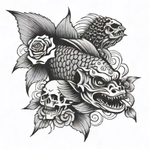Japanese oriental, fish carp, skull and two roses tattoo design idea