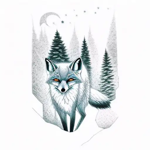 a ghostly fox walks through a forest of Sitka and Evergreen trees under a night sky in the mountains.  tattoo design idea