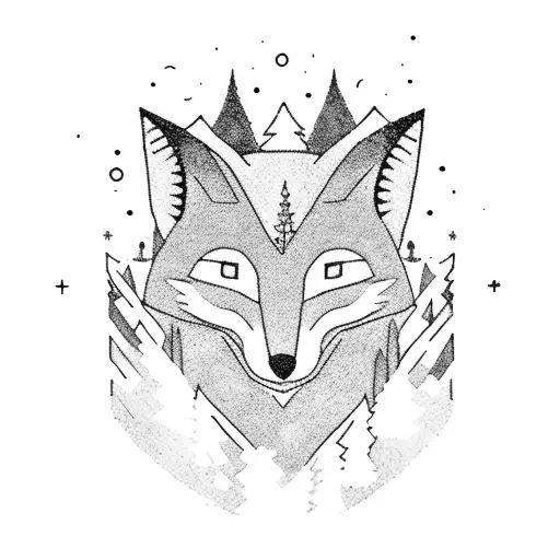 a ghostly fox walks through a forest of Sitka and Evergreen trees under a night sky in the mountains.  tattoo design idea