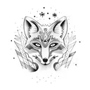 a ghostly fox walks through a forest of Sitka and Evergreen trees under a night sky in the mountains.  tattoo design idea