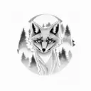 a ghostly fox walks through a forest of Sitka and Evergreen trees under a night sky in the mountains.  tattoo design idea