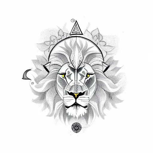 lion with flower and compass on head tattoo design idea
