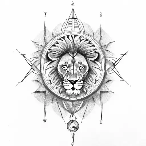 lion with compass and flower tattoo design idea