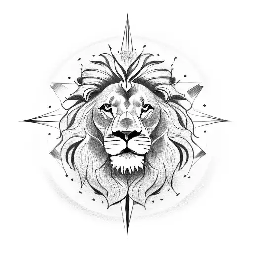 lion with compass over his head and flower on eye tattoo design idea