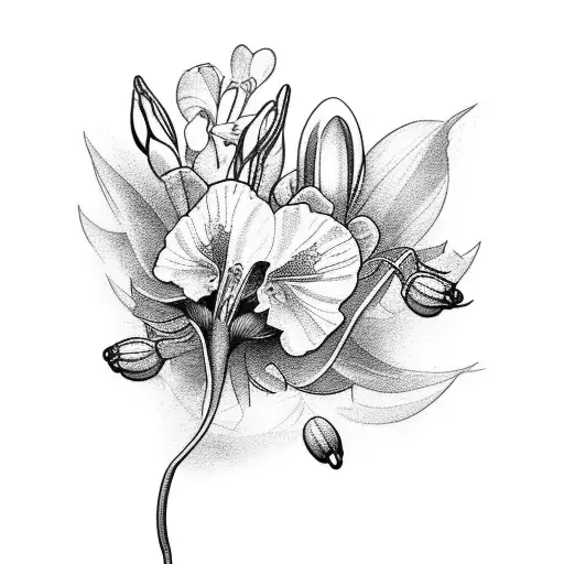 A black and white tattoo design for a quarter sleeve for a male using the following flowers Carnation & Snowdrop, violet tattoo design idea
