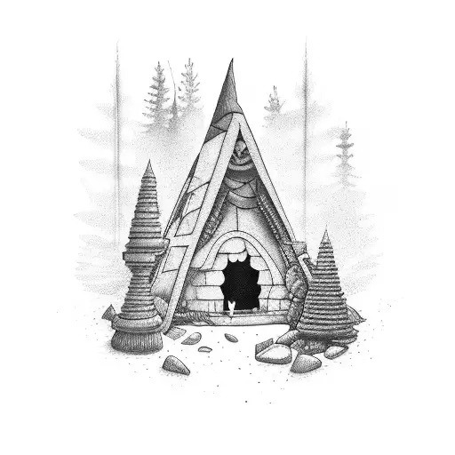 A camp fire illuminating a hidden temple entrance in a mystical forest tattoo design idea