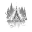 A camp fire illuminating a hidden temple entrance in a mystical forest tattoo design idea