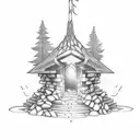 A camp fire illuminating a hidden temple entrance in a mystical forest tattoo design idea