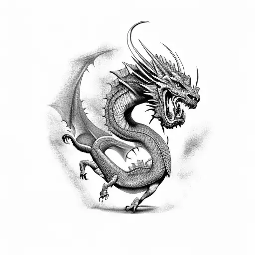 full body angry Dragon leaning to the left side   tattoo design idea
