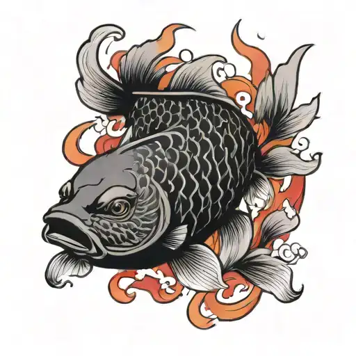 Yakuza style, red and black carp swims on fire tattoo design idea