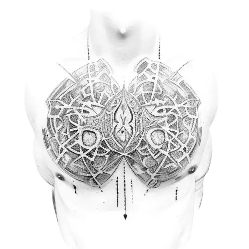 chest blackwork looking like ruined armour.  tattoo design idea