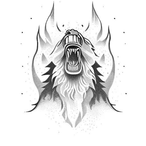 volcano with a roaring lion's head emerging from the lava tattoo design idea