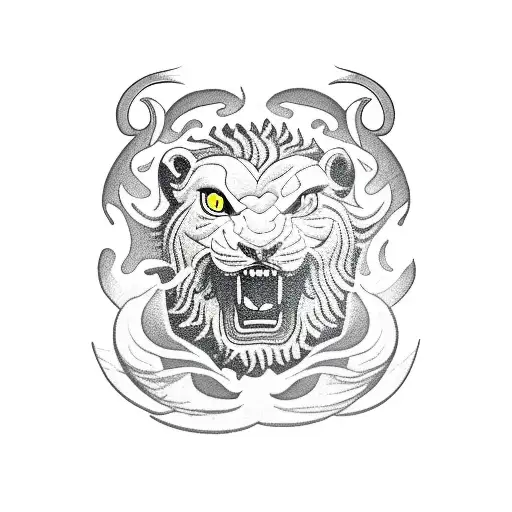 volcano with a roaring lion's head emerging from the lava tattoo design idea