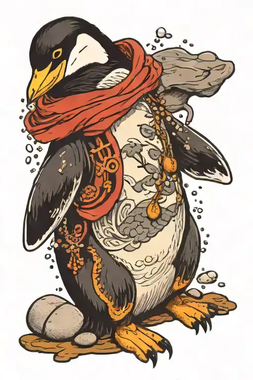 masculien male pinguin with a pebble dropping tattoo design idea