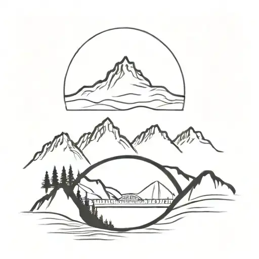 Two solid black lines with a mountain in the middle and a bridge heading into the mountain.  tattoo design idea