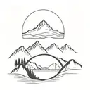 Two solid black lines with a mountain in the middle and a bridge heading into the mountain.  tattoo design idea