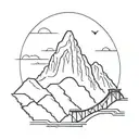 Two solid black lines with a mountain in the middle and a bridge heading into the mountain.  tattoo design idea