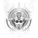 A black and grey portrait of an Egyptian pharaoh with a third eye on their forehead tattoo design idea